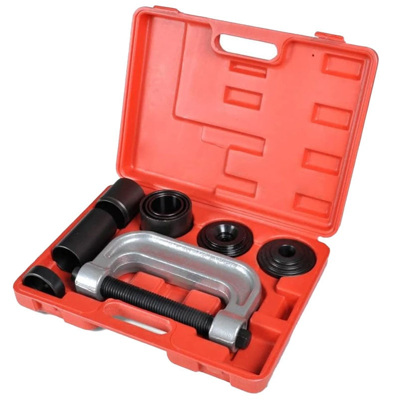 Ball joint press tool kit showing all 10 pieces in black and silver