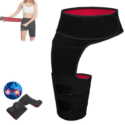 Hip groin support brace showing front view in black neoprene