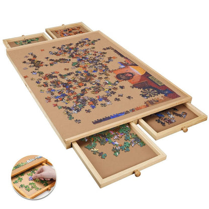 Puzzle table jigsaw board showing wooden surface and sliding drawers