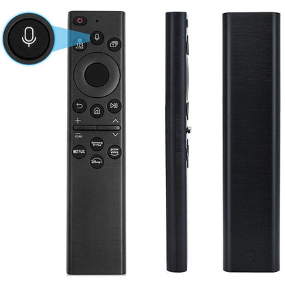 Samsung TV remote showing front buttons and ergonomic design