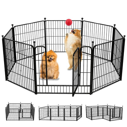 Dog playpen showing black metal panels from front angle