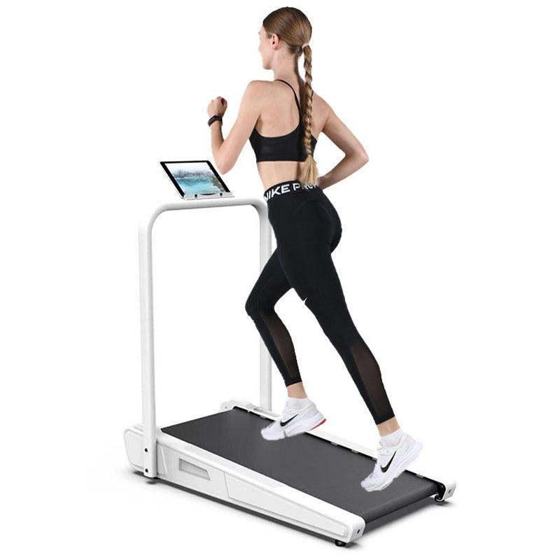 Under desk walking treadmill foldable showing white frame and belt