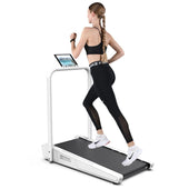 Under desk walking treadmill foldable showing white frame and belt