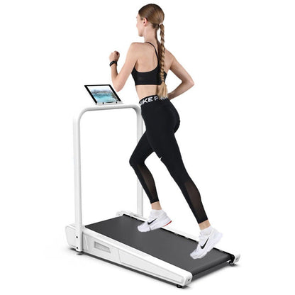 Under desk walking treadmill foldable showing white frame and belt
