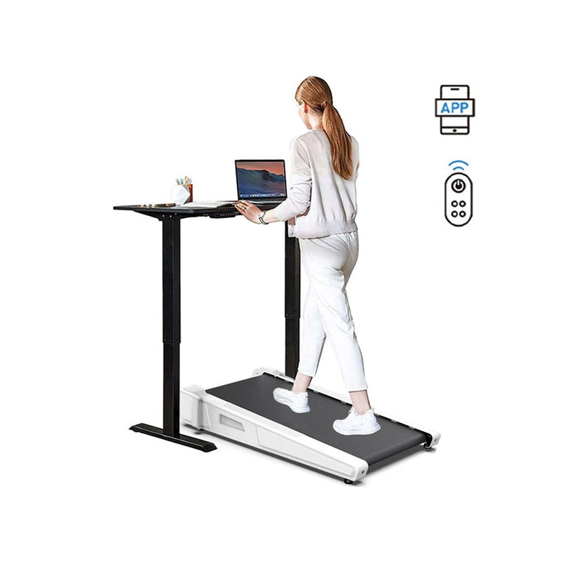 Under desk treadmill showing white foldable frame