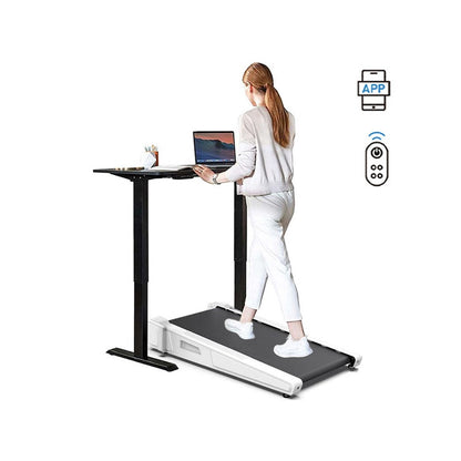 Under desk treadmill showing white foldable frame
