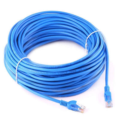 LAN cable 10 metre blue Cat5e RJ45 connector close up