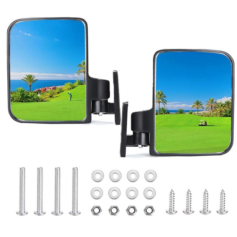 Golf cart side mirror showing black plastic housing
