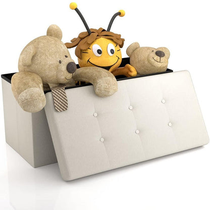 Storage bench ottoman in white faux leather front view