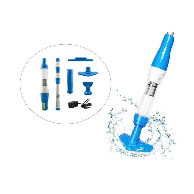 Swimming pool cleaner kit showing cordless handheld vacuum in white and blue