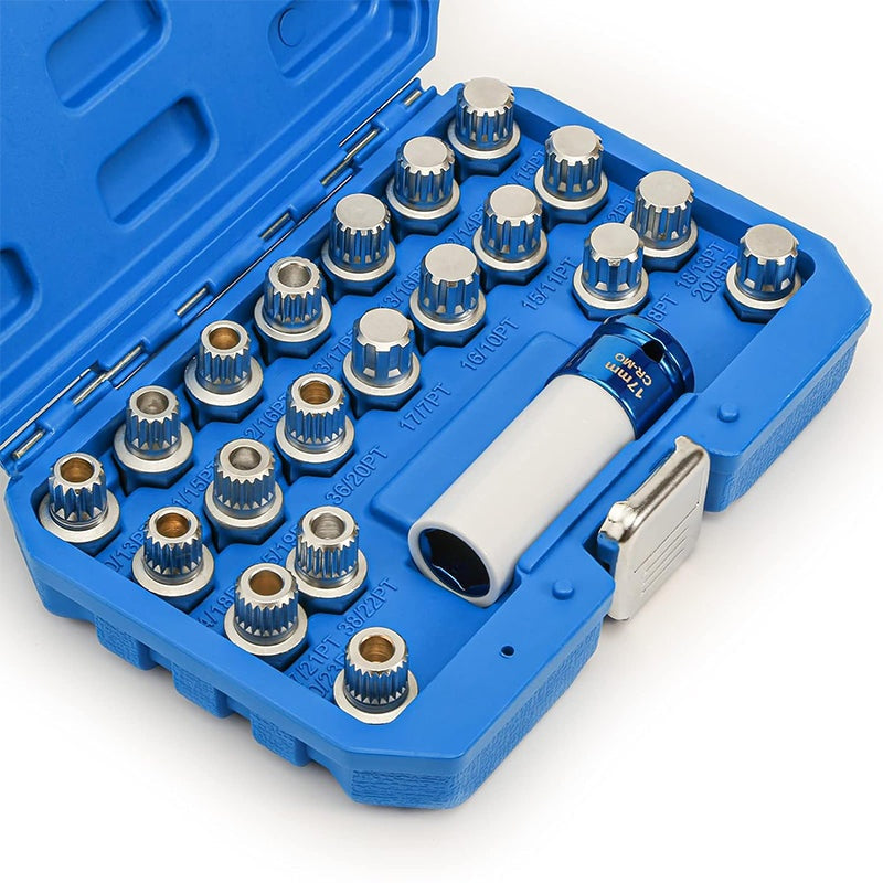 Wheel nut socket set for BMW showing all 21 pieces in kit