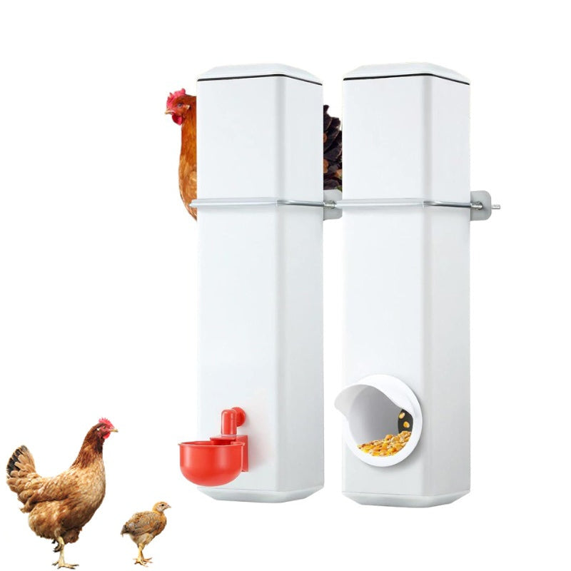 Automatic chicken feeder side view showing 4L plastic container