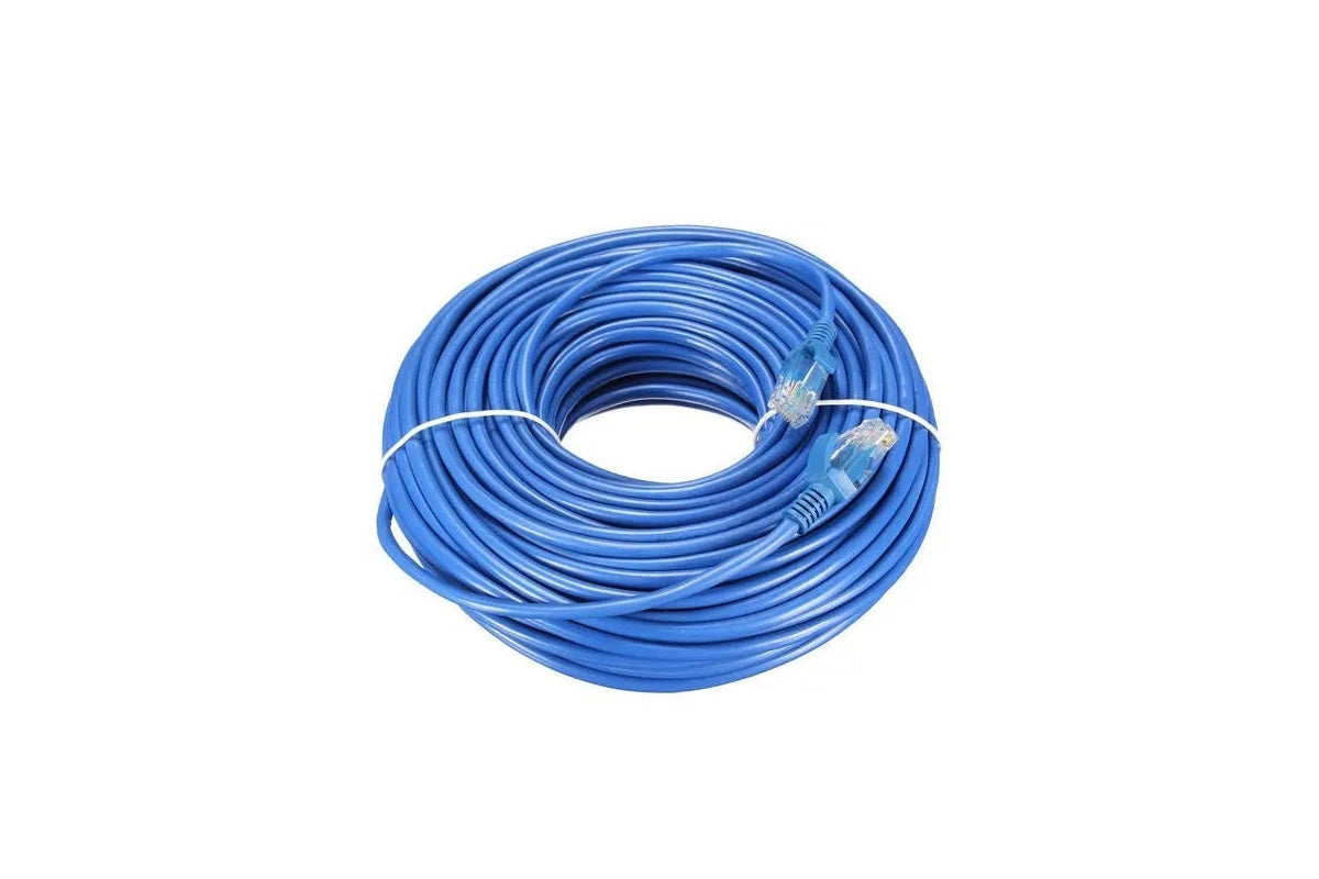 Close up of LAN cable Ethernet cable 30 metre blue RJ45 connector