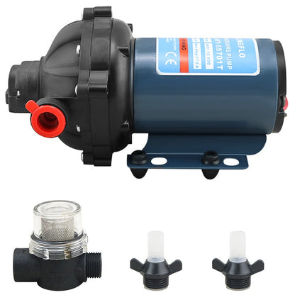 12V self priming water pump side view showing compact design