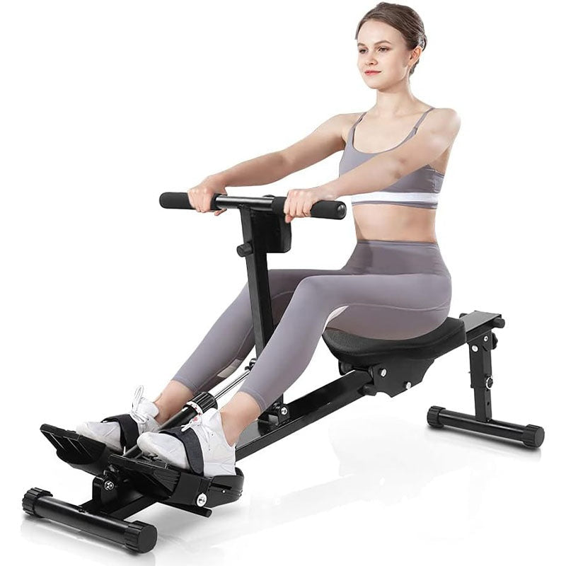 Rowing machine fitness machine side view showing foldable steel frame
