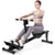 Rowing machine fitness machine side view showing foldable steel frame