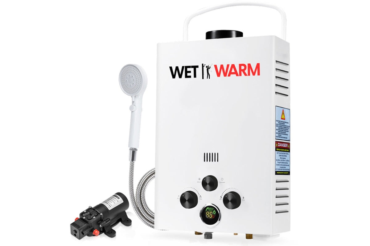 Side angle of gas water warmer 8L with powder coated steel finish