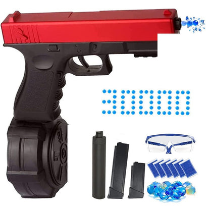 Electric gel blaster side view showing red and black colour