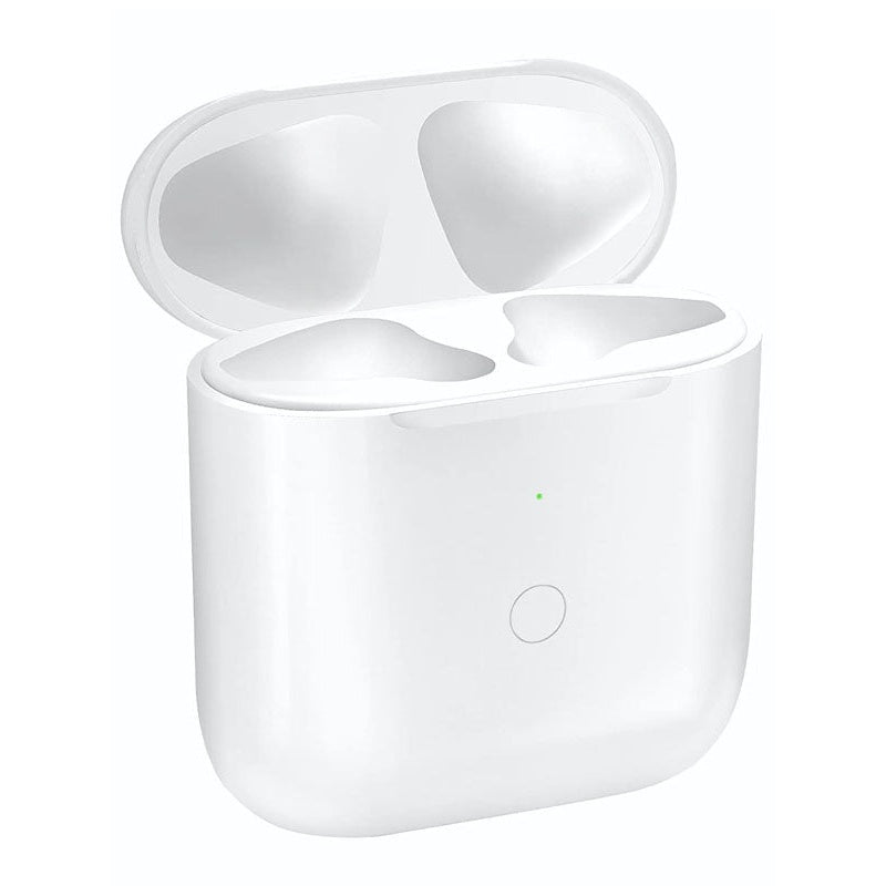 Wireless charging case for AirPods 1 and 2 showing front view in white
