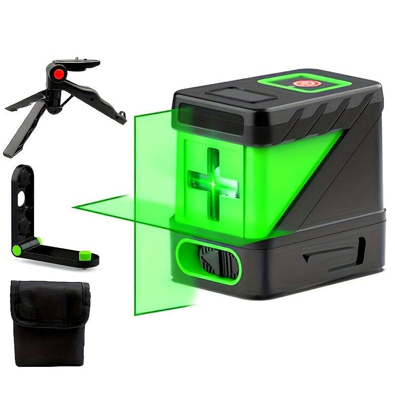 Laser level showing green horizontal line on wall