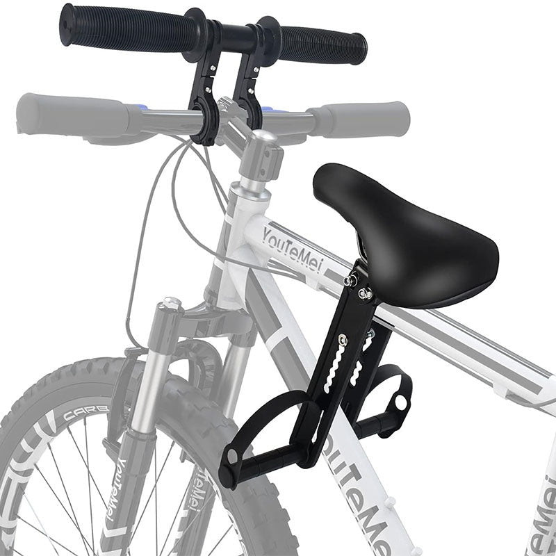 Front view of bike seat and handlebar pack in black aluminium