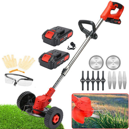 Weed eater grass trimmer lawn mower showing red plastic body