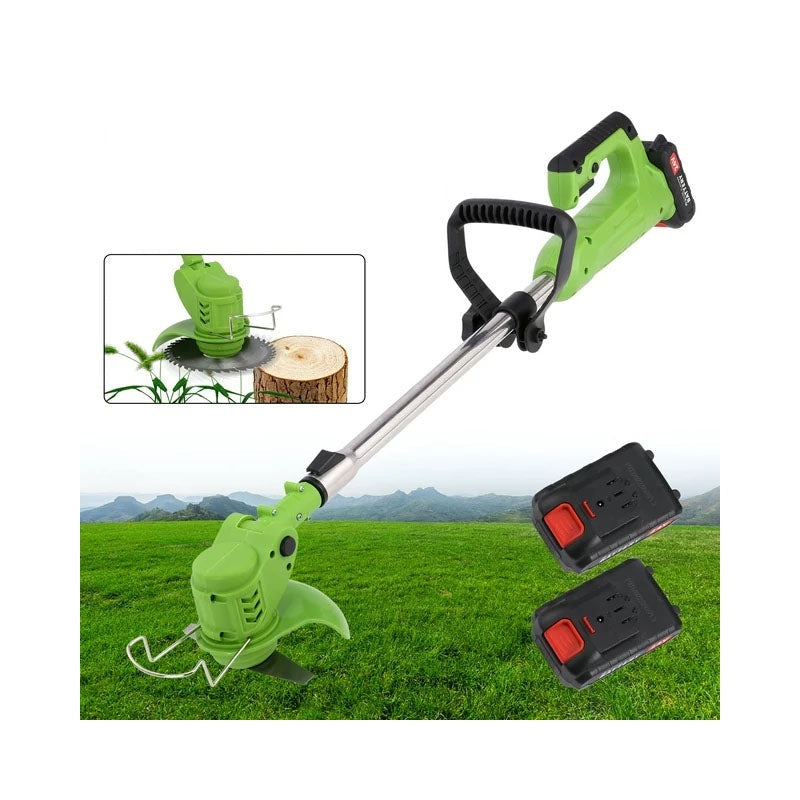 Cordless lawn mower grass trimmer side view showing green body