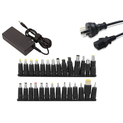Universal laptop charger showing 28 connector tips for various laptops