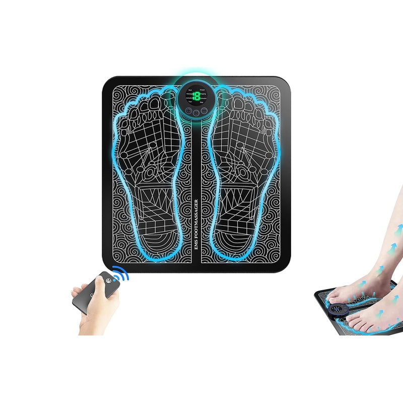 Electric foot massager TENS machine showing black foldable mat