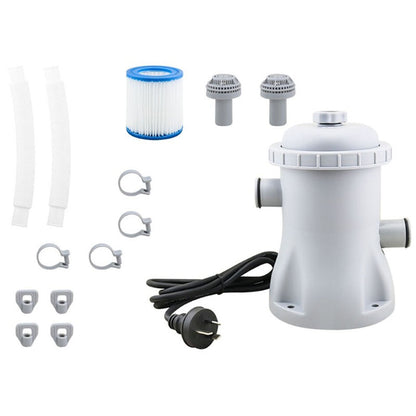 Swimming pool filter pump side view showing grey PVC body