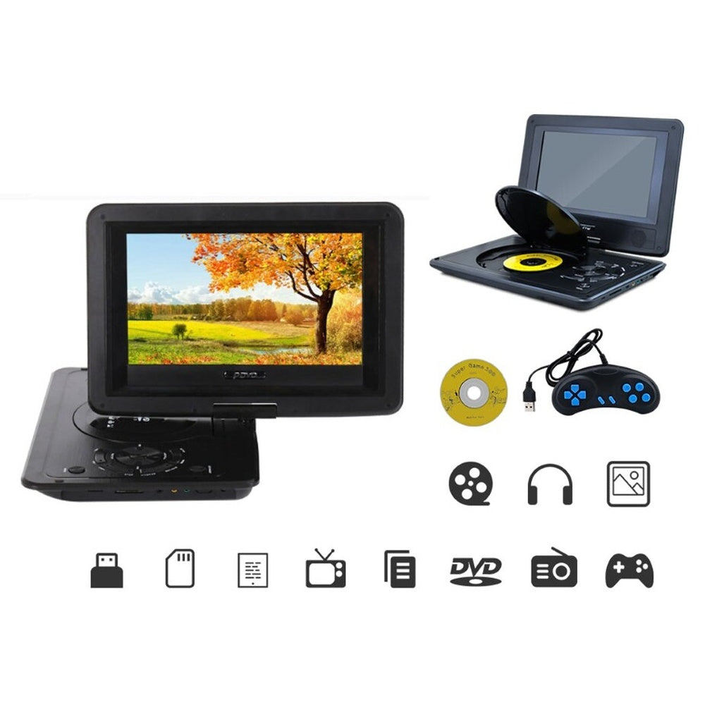 Portable DVD player showing menu screen with multiple disc format options
