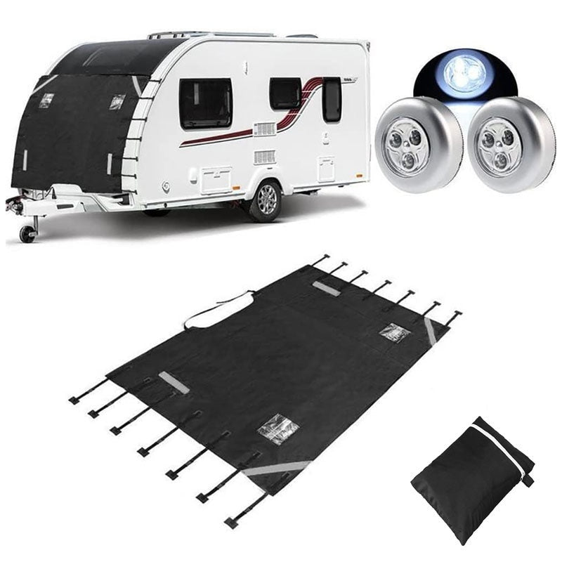 Caravan front cover in black showing waterproof 210D Oxford cloth