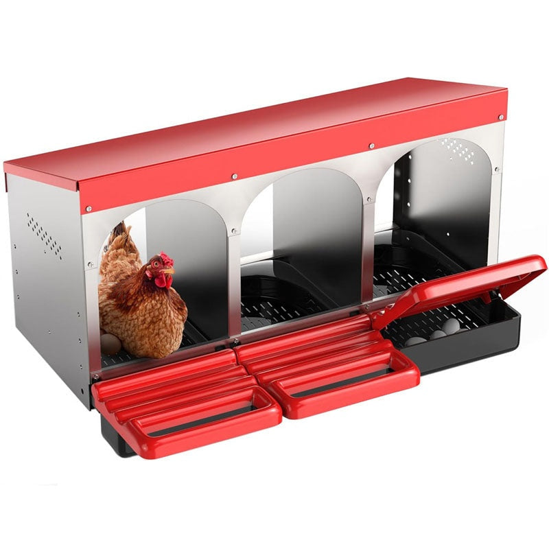 Chicken nesting box side view showing red galvanised steel frame