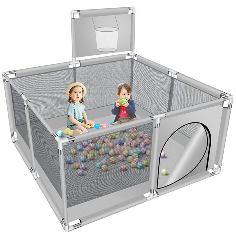 Portable playpen fence gate showing stainless steel frame and mesh sides