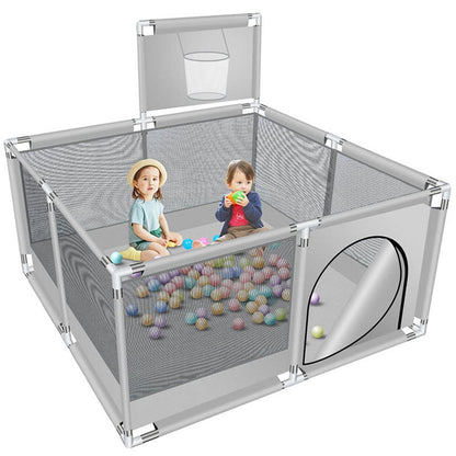 Portable playpen fence gate showing stainless steel frame and mesh sides