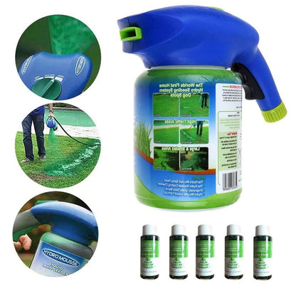 Lawn sprayer seed liquid system showing blue 5 litre bottle