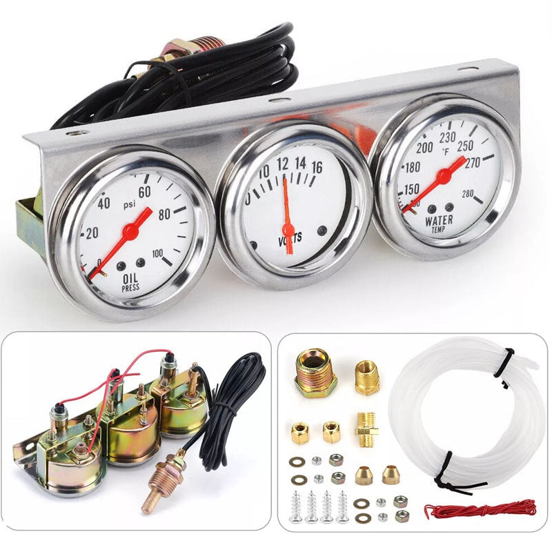 Oil pressure gauge kit front view with white dial and red needles
