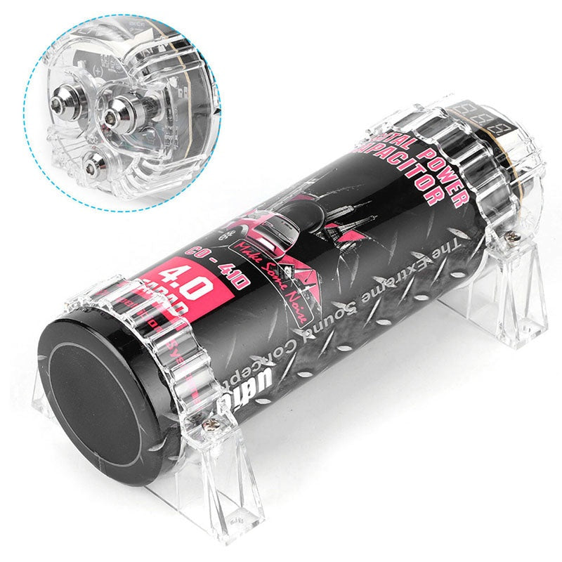Car audio capacitor 4 farad front view with digital voltage display