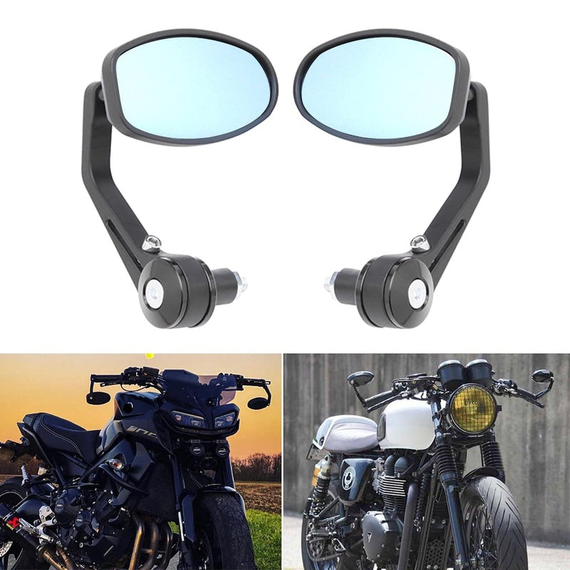 Universal bar end motorcycle mirror showing black steel stem