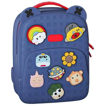 Tide satchel cartoon backpack blue front view with trinkets