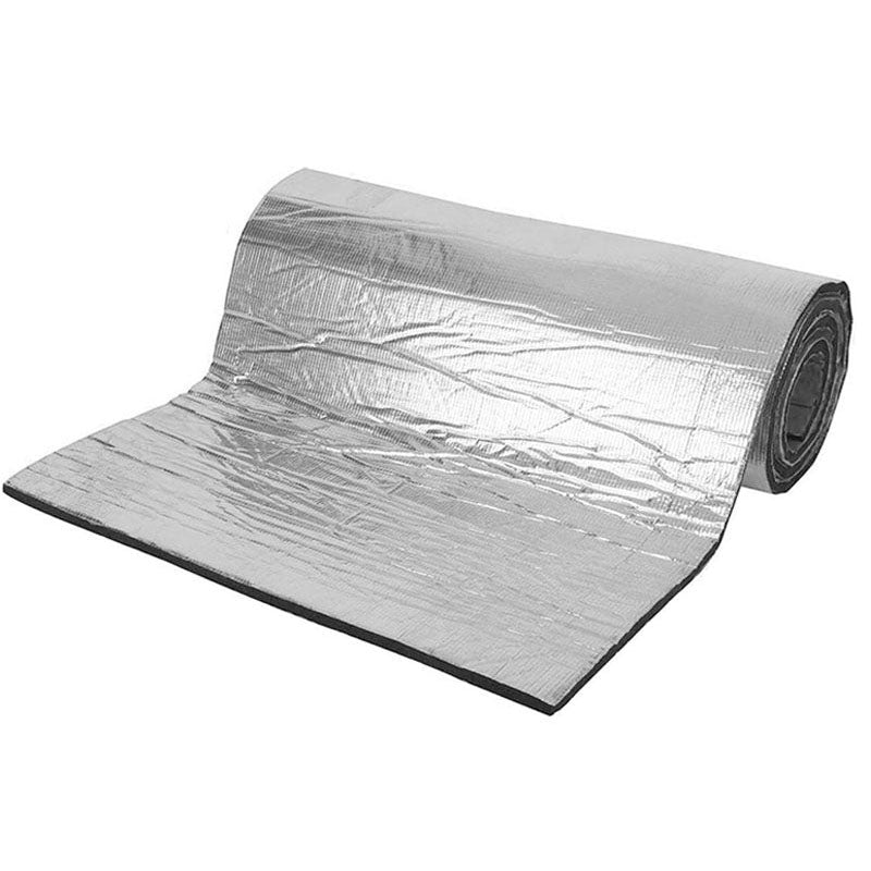 Sound deadener mat showing silver aluminium foil surface