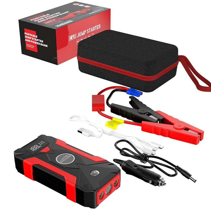 Car jump starter front view showing compact size and LCD screen