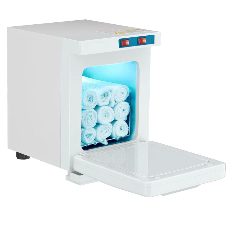 Towel warmer UV steriliser showing white aluminium exterior