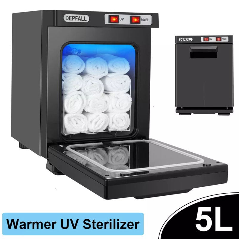 Towel warmer steriliser in black with aluminium interior