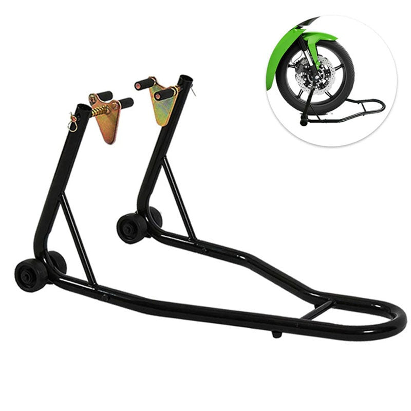 Motorcycle paddock stand front lift showing black steel frame