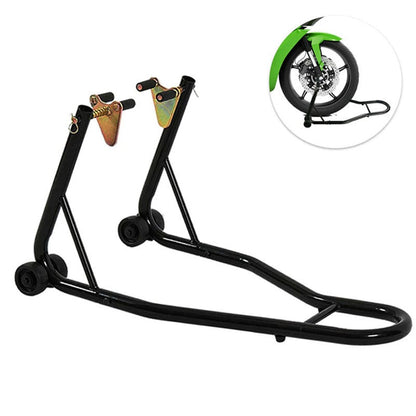 Motorcycle paddock stand front lift showing black steel frame