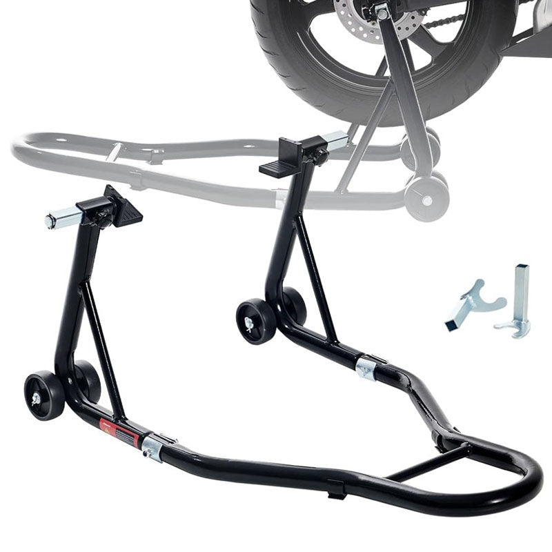 Motorcycle rear wheel stand showing heavy duty steel frame