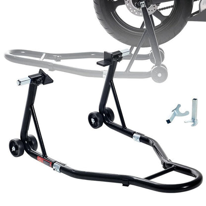 Motorcycle rear wheel stand showing heavy duty steel frame