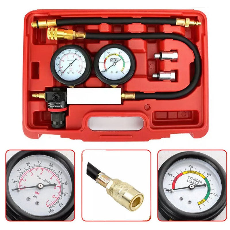 Cylinder leak detector showing front gauge and dial