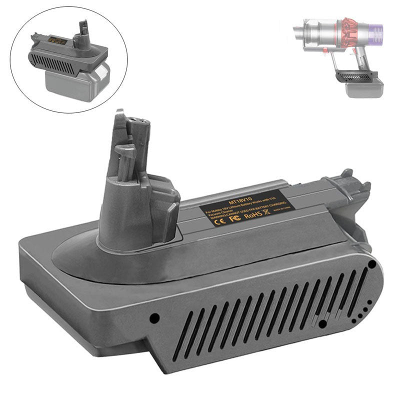 Dyson V10 vacuum battery adapter showing side view with Makita 18V fitting